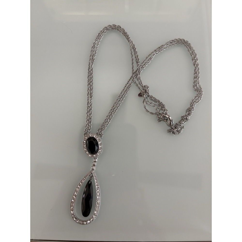 Monet Teardrop Pendant Necklace Silver Tone Black Crystal Stones Triple Chain